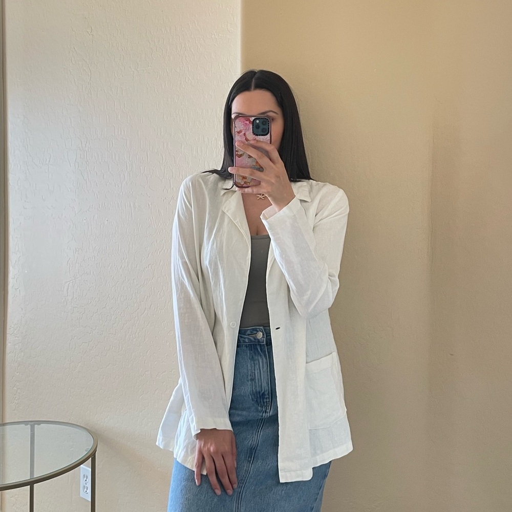 We Wore What Linen Longline White Button-Up Blazer